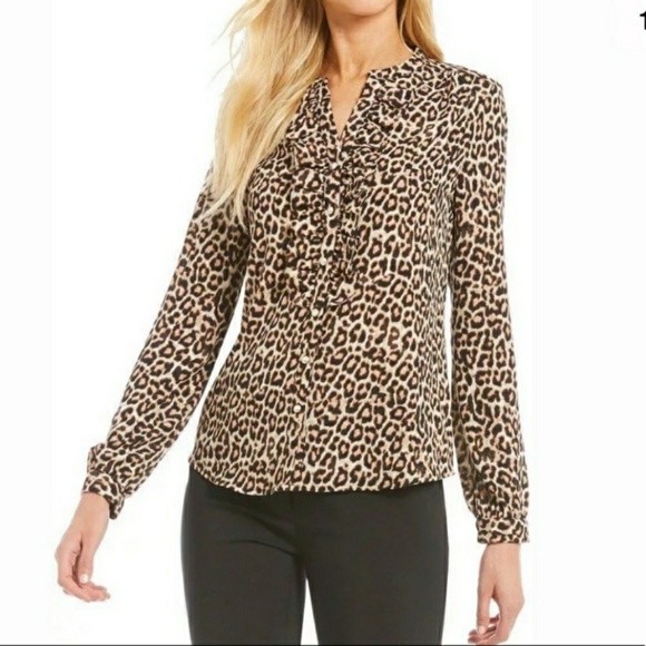 Karl Lagerfeld Tops - Karl Lagerfeld Leopard Ruffle Button Down Blouse